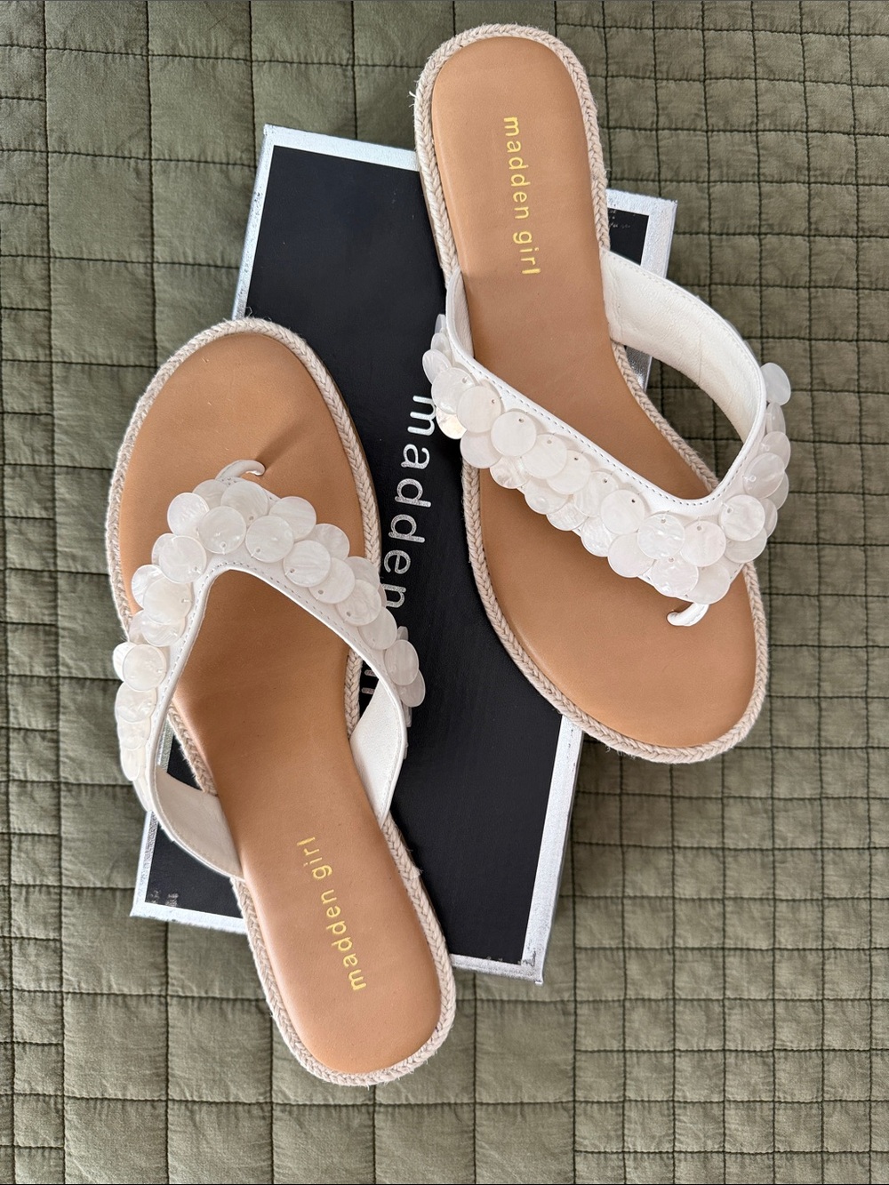 Madden Girl White Sequin Toe-Loop Sandals with Braided Trim